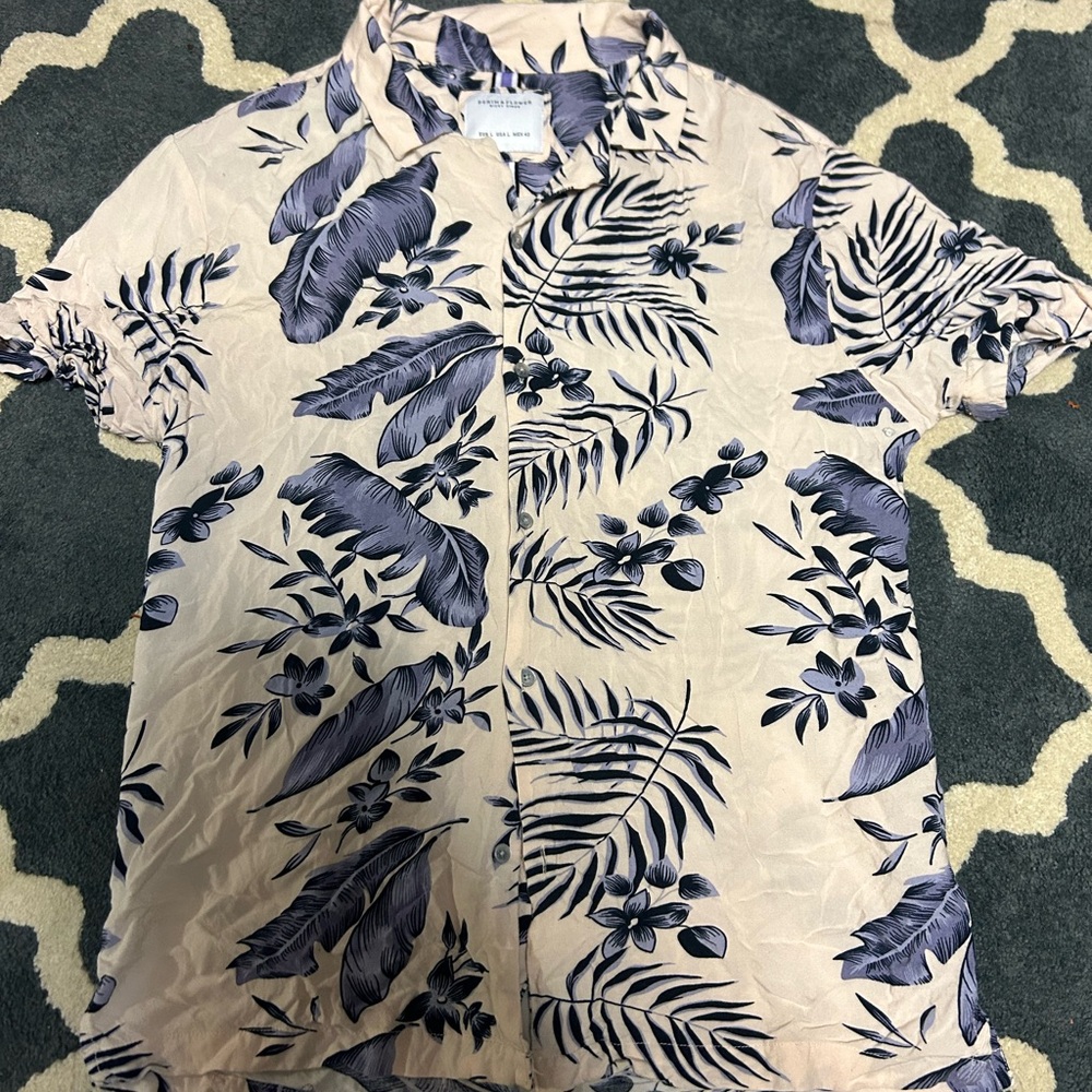Denim & Flower Casual Button Down Shirt Tropical Print Large